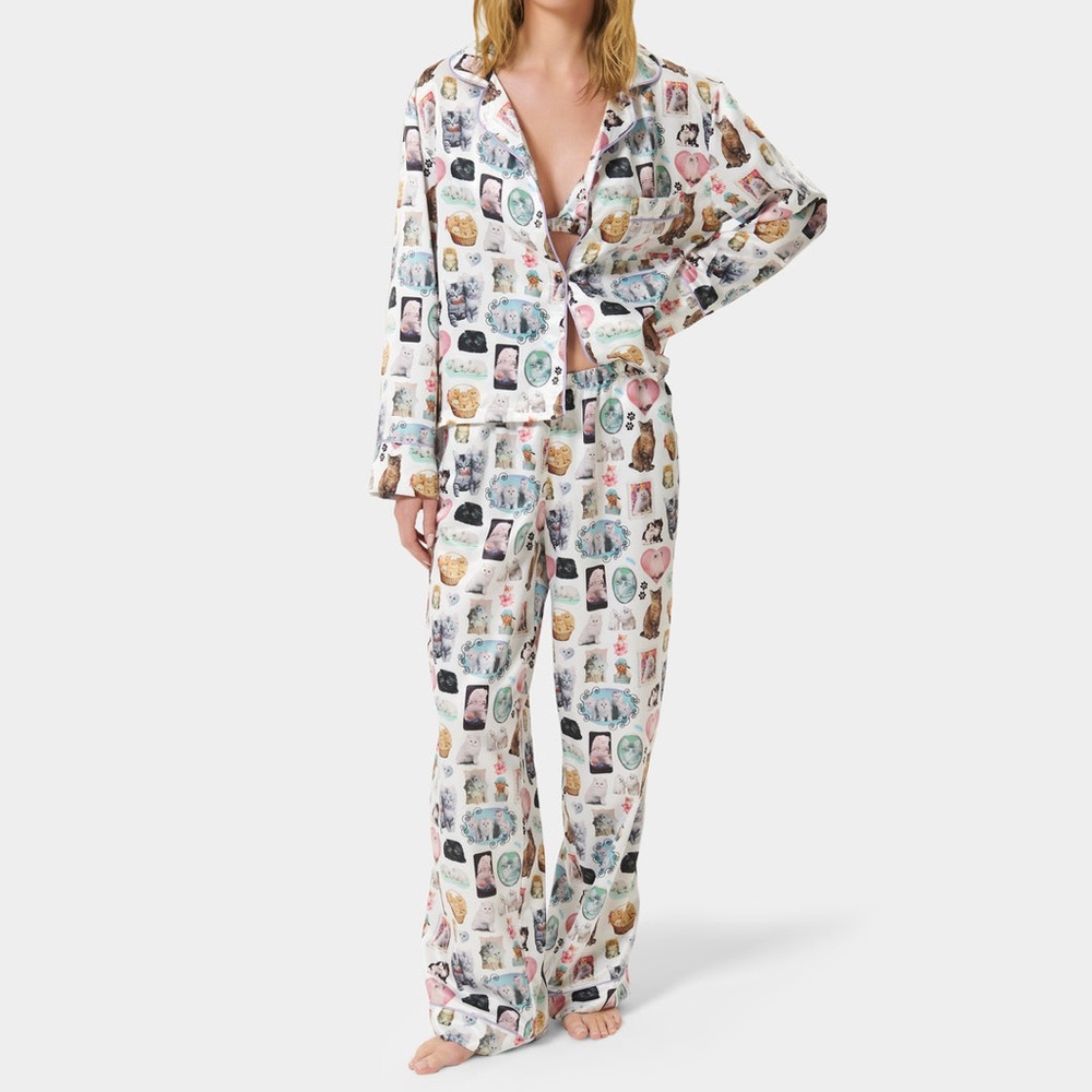 Bluebella x Ashley Williams Kitten Print Luxury Satin Pajama Set